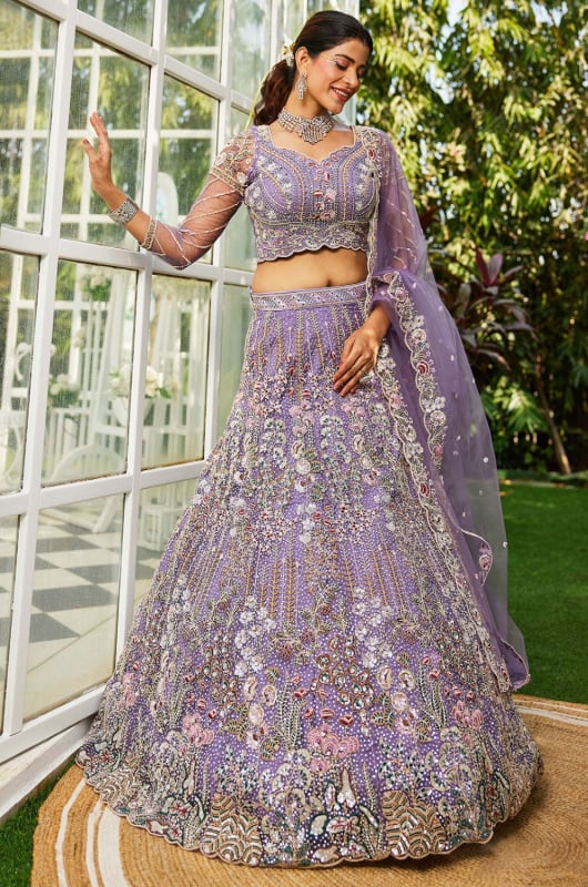 Purple Net Heavy Designer Lehenga Choli Set for Wedding