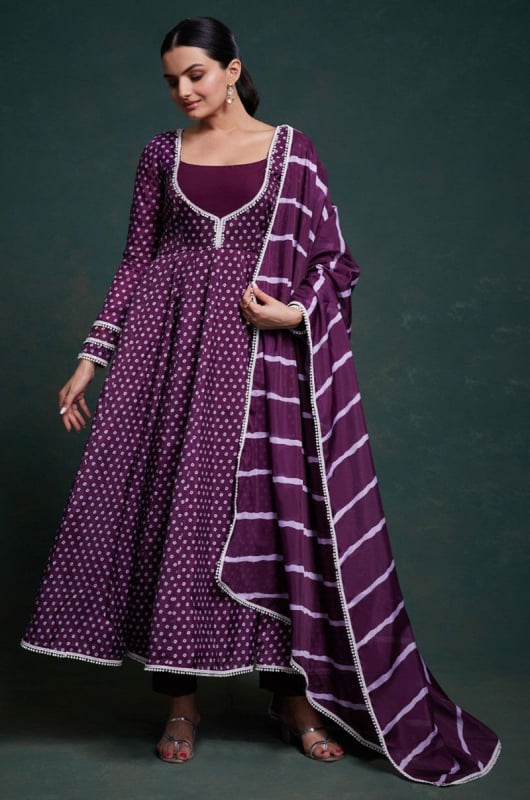 Purple Polka Dotted Crepe Readymade Anarkali Suit