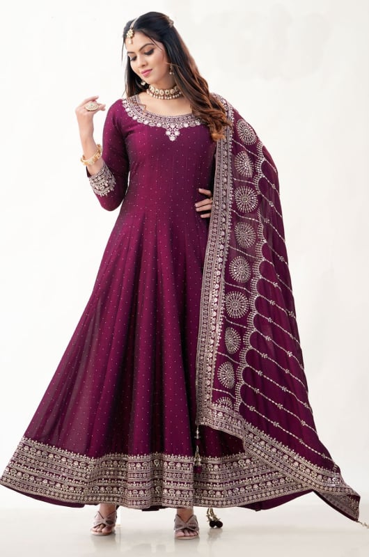 Purple Silk Anarkali Gown with Dupatta