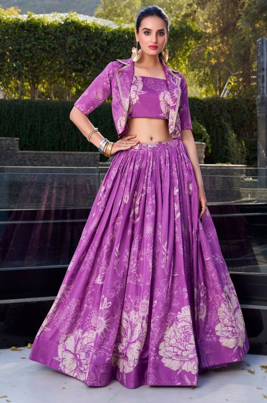 Purple Tussar Silk Floral Printed Lehenga Choli with Koti