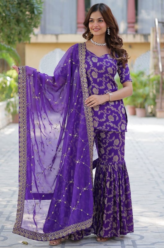 Purple Viscose Georgette Readymade Sarara Kameez