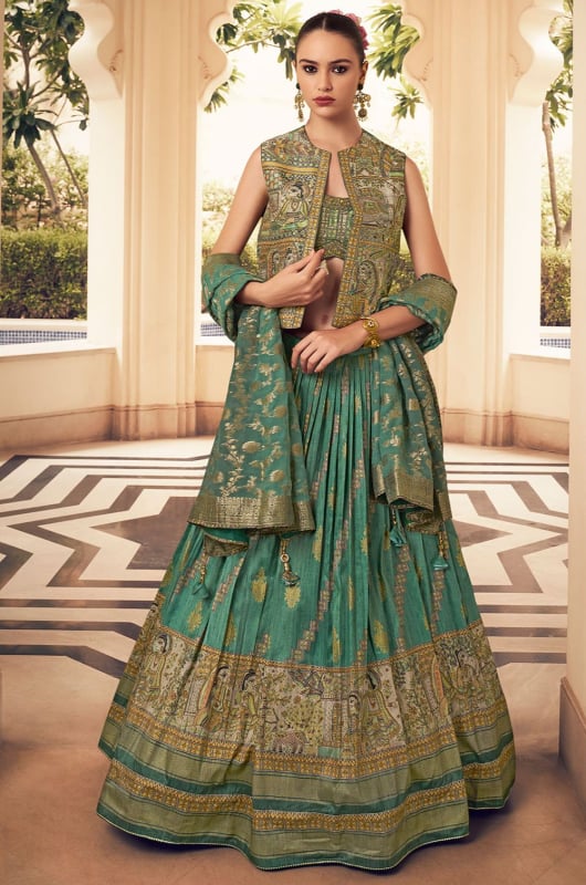 Rama Green and Beige Viscose Silk Designer Lehenga Choli