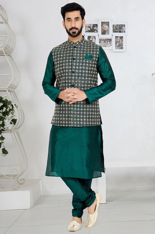 Rama Green Banarasi Dupion Kurta Set with Jacket