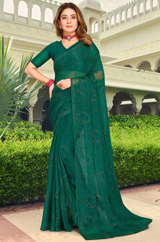Rama Green Embellished Shimmer Chiffon Saree