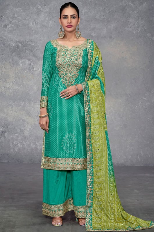 Rama Green Embroidered Chinnon Designer Palazzo Kameez