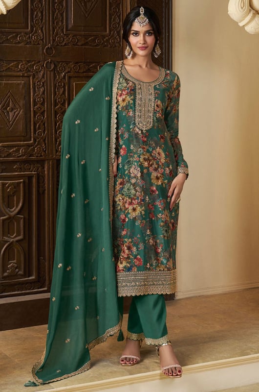 Rama Green Embroidered Chinnon Readymade Pant Kameez