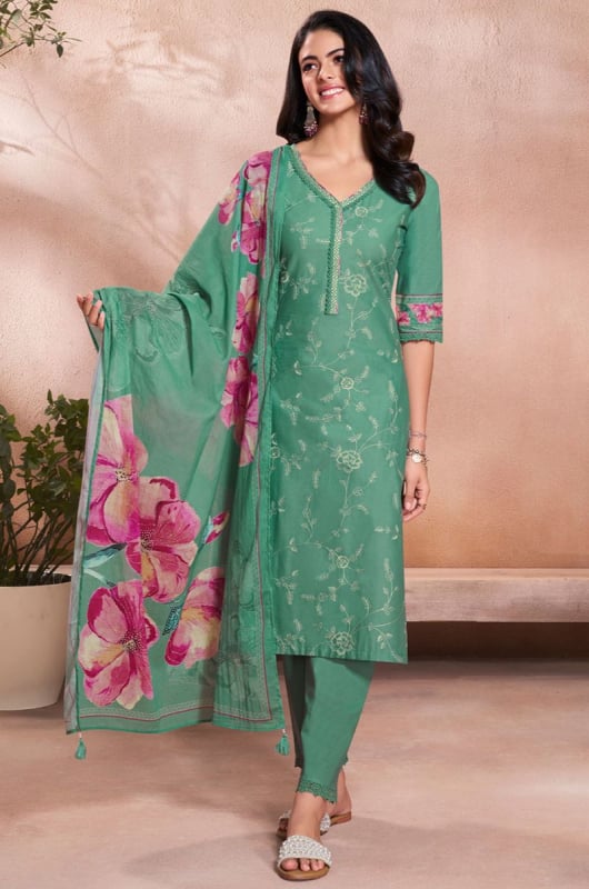 Rama Green Embroidered Cotton Readymade Pant Kameez
