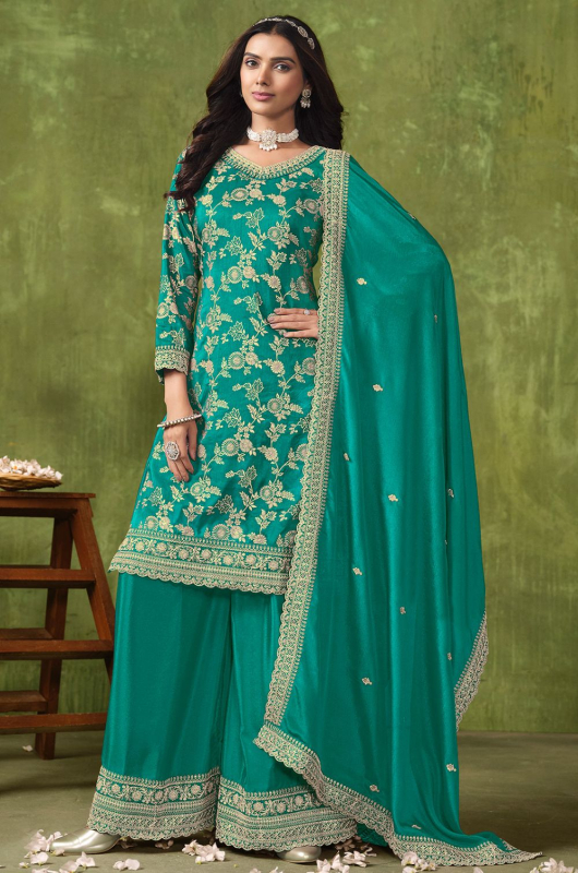 Rama Green Embroidered Dola Silk Jacquard Palazzo Kameez