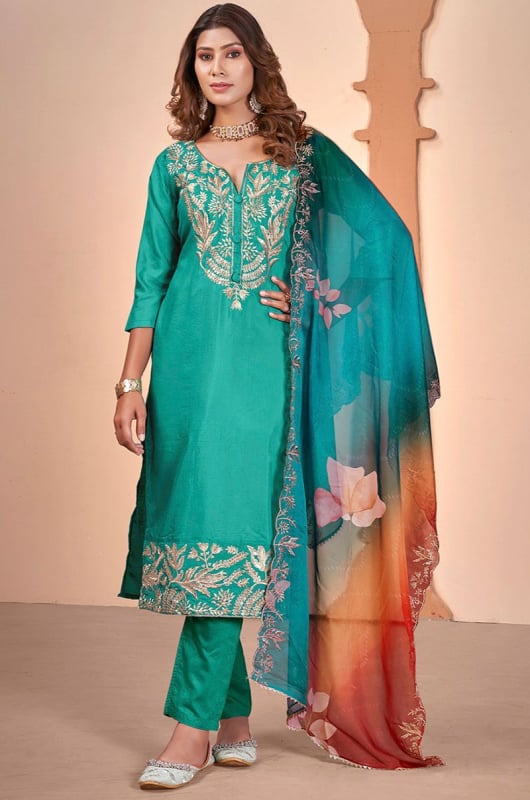 Rama Green Embroidered Muslin Pant Kameez