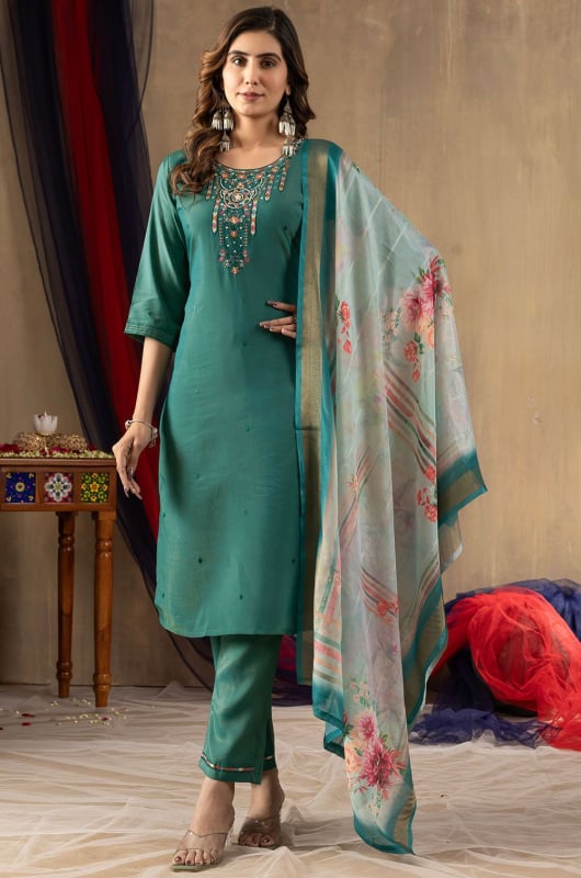 Rama Green Embroidered Shimmer Silk Pant Kameez