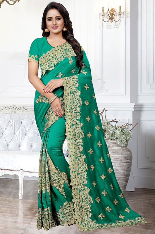 Rama Green Heavy Embroidered Party Wear Saree