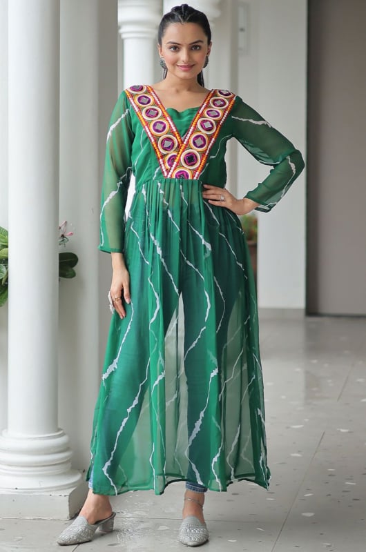 Rama Green Kutchi Work Faux Georgette Kurta