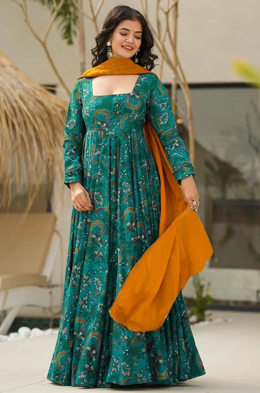 Buy Rama Green Rayon Flared Anarkali Gown with Dupatta Online