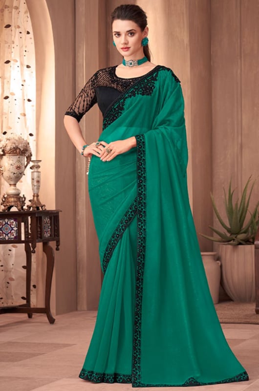 Rama Green Silk Saree with Embroidered Blouse for Wedding