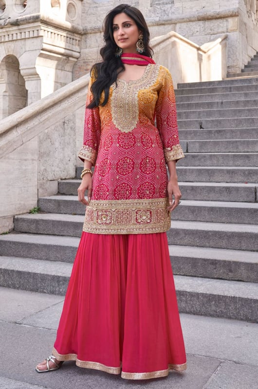 Rani Pink and Mustard Embroidered Chinnon Silk Designer Palazzo Kameez