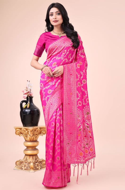 Rani Pink Banarasi Silk Zari Woven Saree