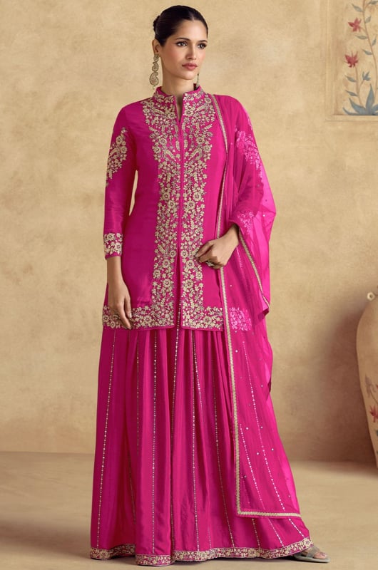 Rani Pink Chinnon Silk Designer Palazzo Kameez