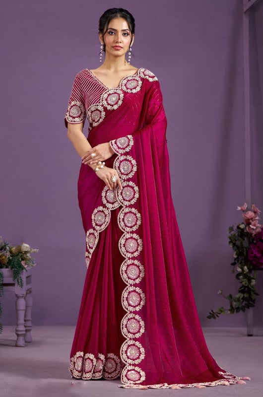 Rani Pink Designer Embroidered Saree