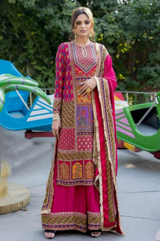 Rani Pink Embellished Muslin Readymade Palazzo Kameez