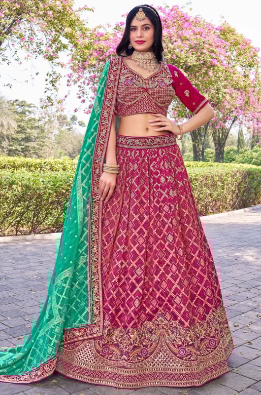 Rani Pink Embroidered Banarasi Silk Lehenga Choli