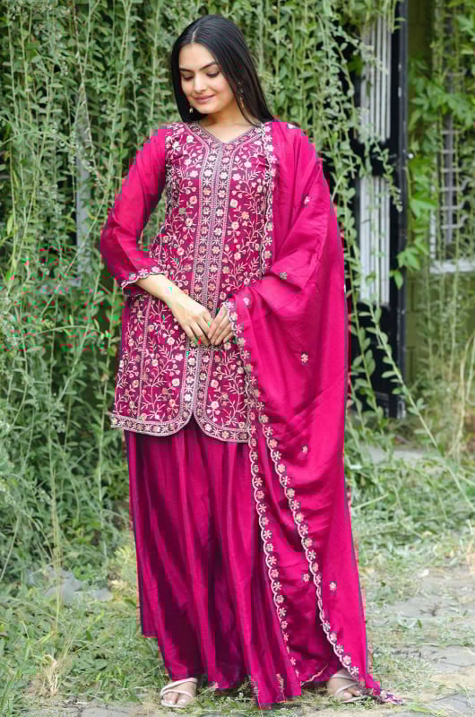 Rani Pink Embroidered Chinnon Palazzo Kameez