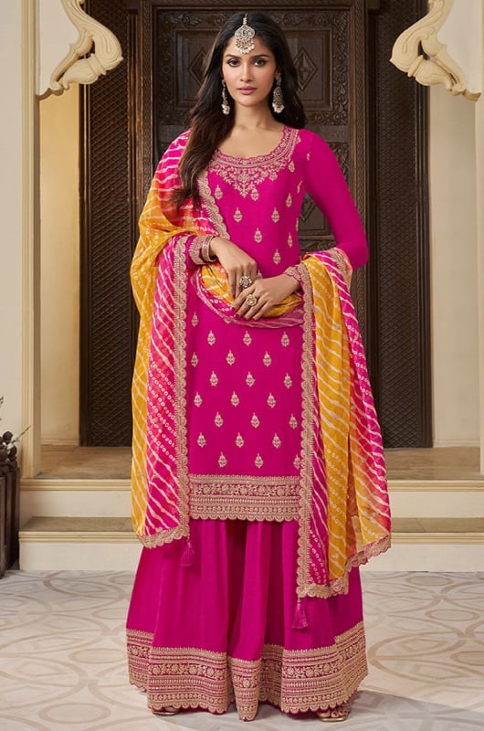 Rani Pink Embroidered Chinnon Readymade Palazzo Kameez