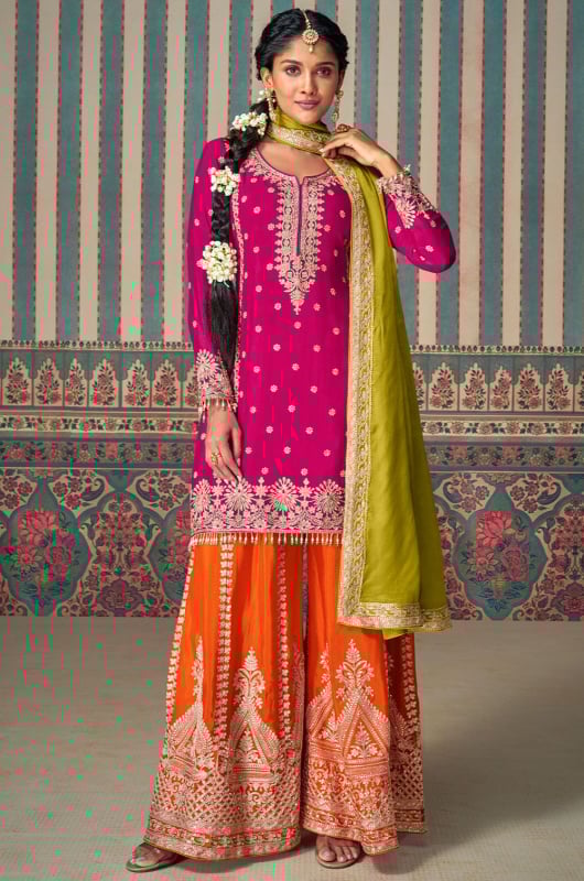 Rani Pink Embroidered Chinnon Silk Designer Palazzo Suit