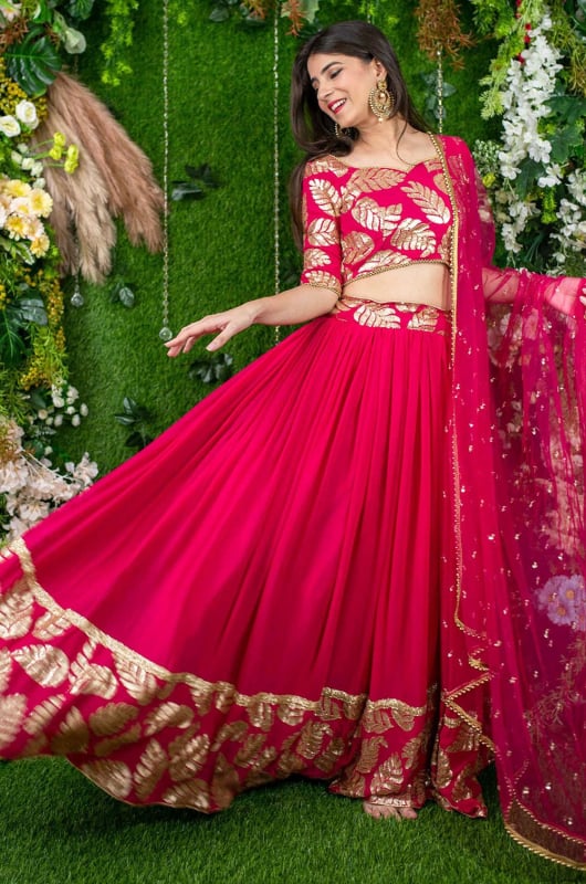 Rani Pink Embroidered Georgette Lehenga Choli