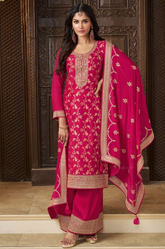 Rani Pink Embroidered Munga Silk Readymade Palazzo Kameez