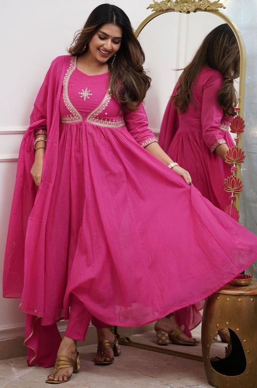 Rani Pink Embroidered Muslin Cotton Readymade Suit