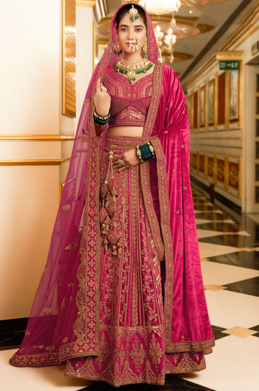 Rani Pink Embroidered Velvet Bridal Lehenga Choli with Double Dupatta