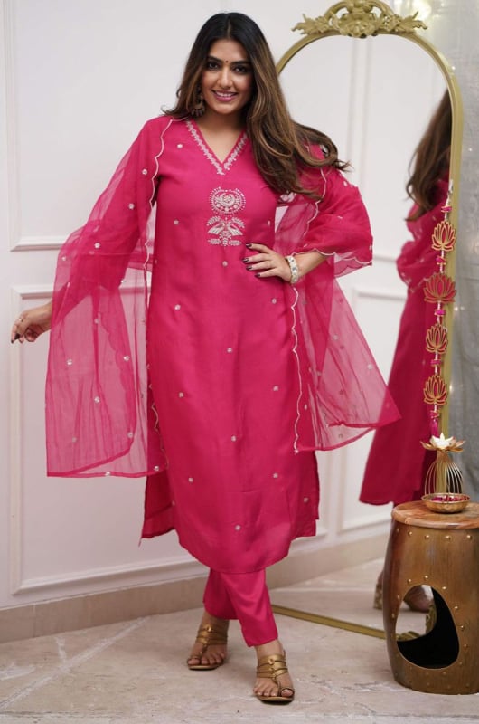 Rani Pink Embroidered Viscose Chanderi Readymade Suit