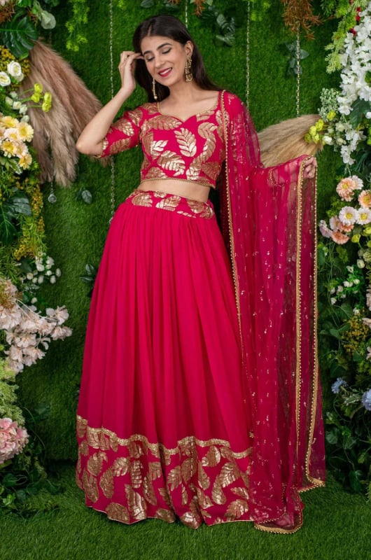 Rani Pink Faux Georgette Sequins Embroidered Lehenga Choli Set for Wedding