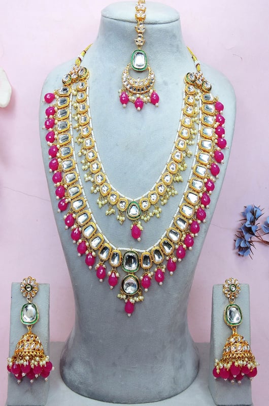 Rani Pink Heavy Necklace Set with Maang Tikka