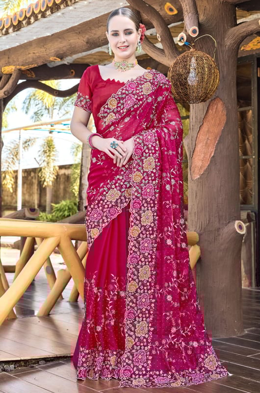 Rani Pink Heavy Resham Embroidered Party Wear Saree