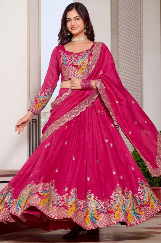 Rani Pink Pure Vichitra Readymade Lehenga Choli Set
