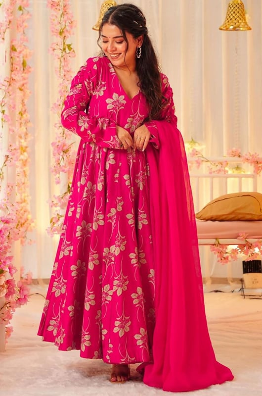 Rani Pink Rayon Flared Anarkali Gown with Dupatta