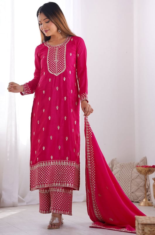 Rani Pink Sequins Embroidered Chinnon Silk Palazzo Kameez