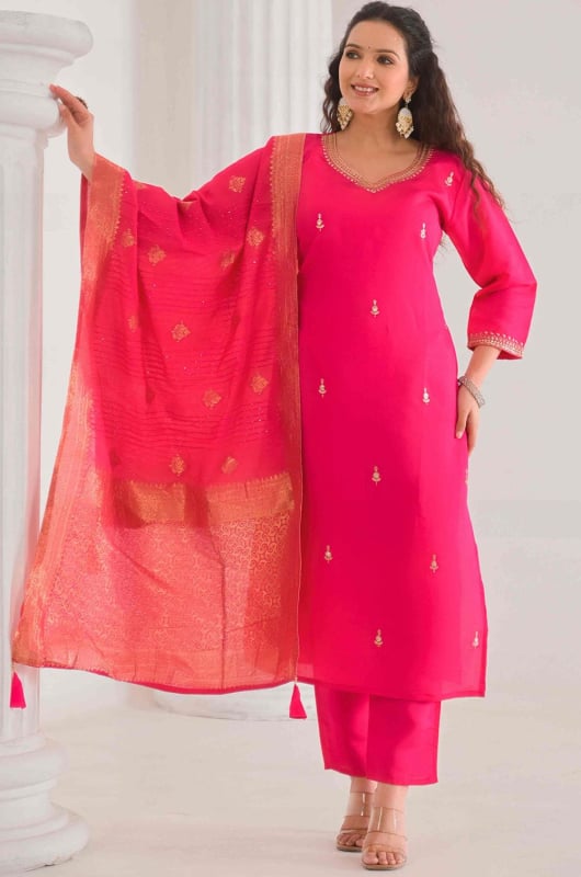 Rani Pink Viscose Chanderi Readymade Pant Kameez