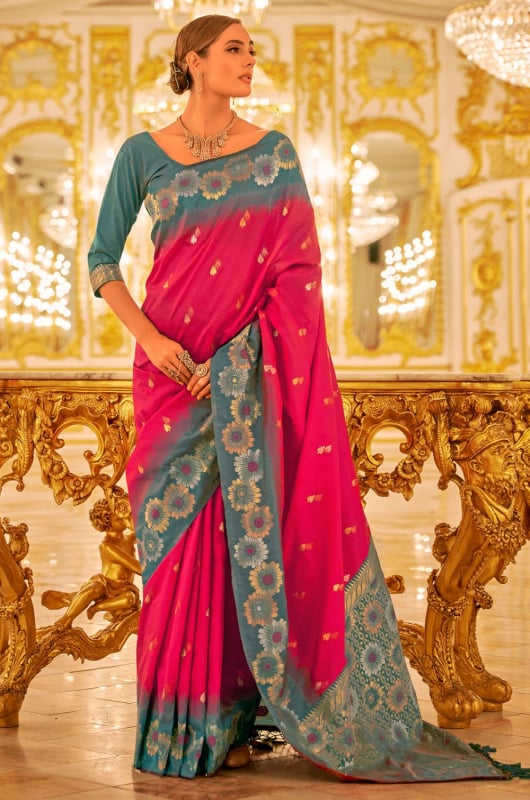 Rani Pink Woven Banarasi Silk Saree