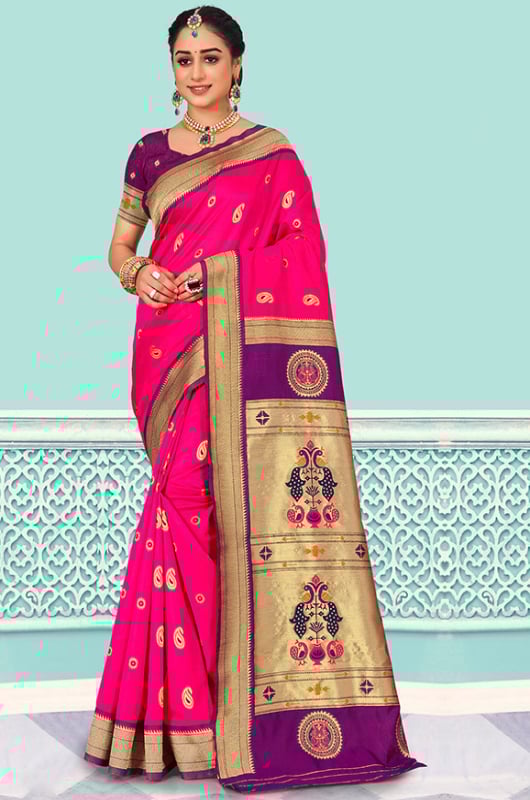 Rani Pink Woven Silk Saree