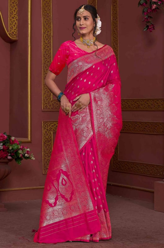 Rani Pink Zari Woven Soft Silk Saree