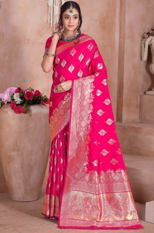 Rani Pink Zari Woven Soft Silk Saree