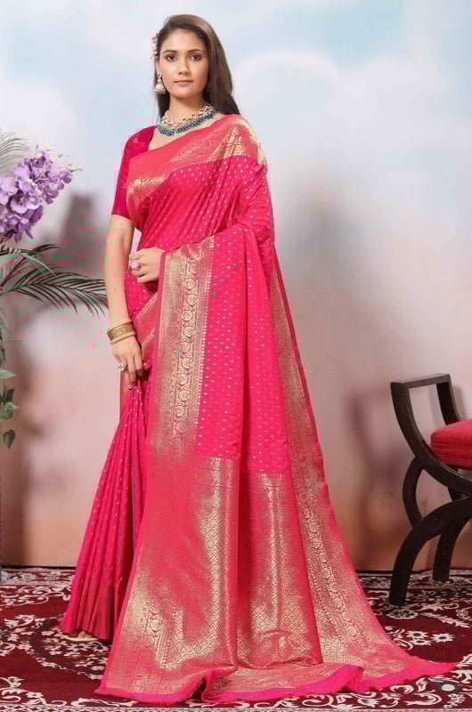 Rani Pink Zari Woven Soft Silk Saree