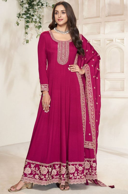 Raspberry Embroidered Dola Silk Anarkali Gown with Dupatta