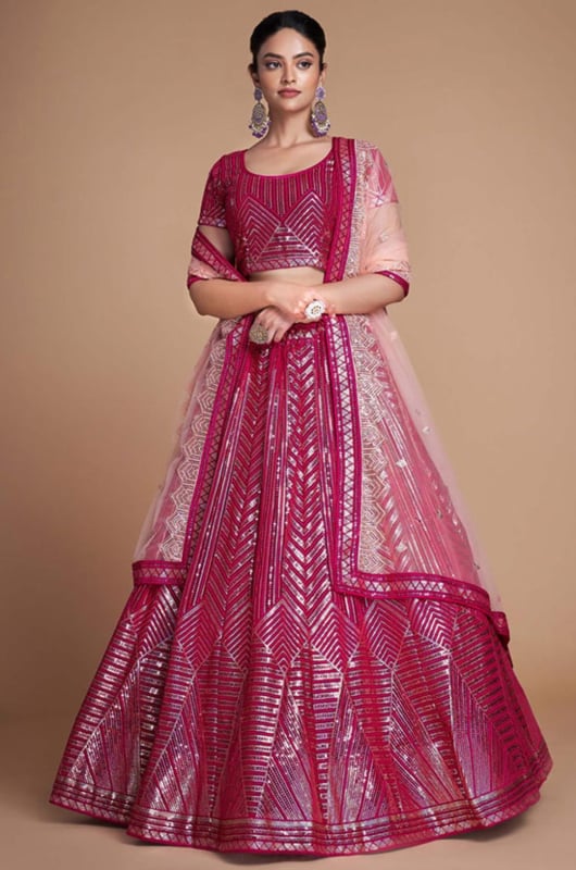 Raspberry Pink Embroidered Georgette Lehenga Choli for Wedding