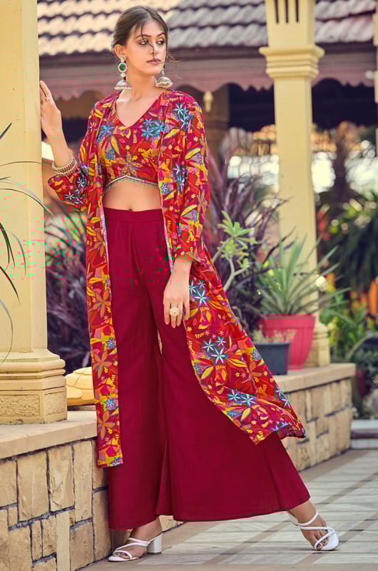 Raspberry Pink Floral Print Silk IndoWestern