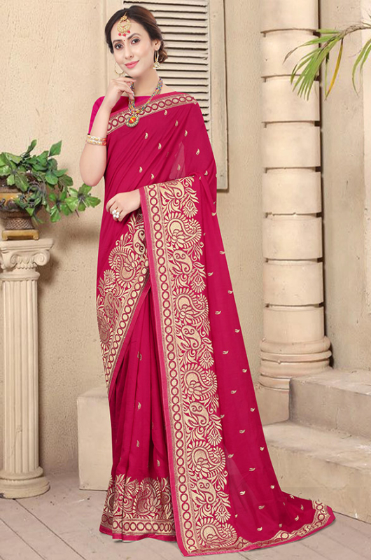 Raspberry Pink Zari Embroidered Silk Saree