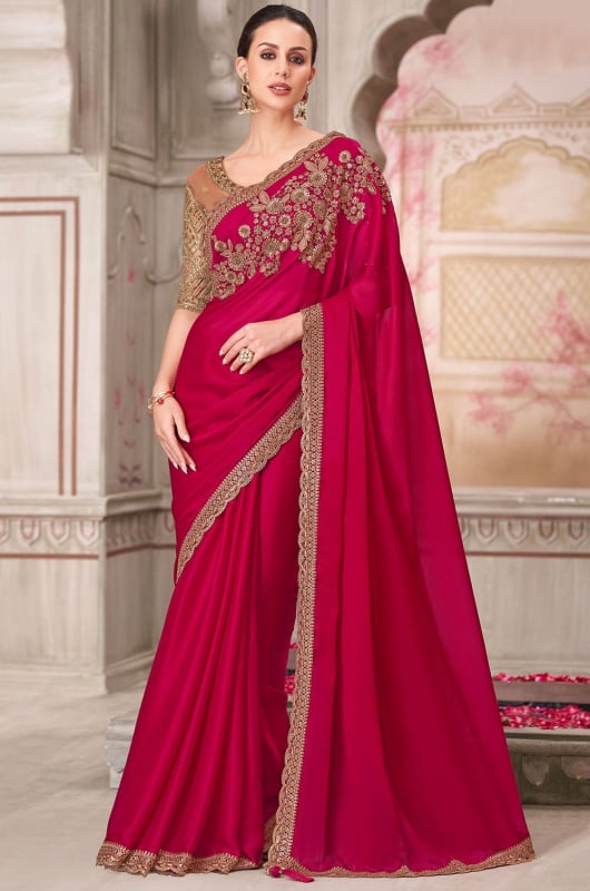 Raspberry Satin Silk Saree with Embroidered Blouse