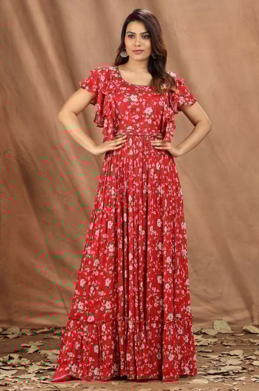 Red Chinnon Readymade Gown